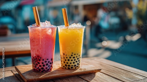 Refreshing boba tea drinks in vibrant colors, featuring tapioca pearls and straws, served on a wooden surface with a blurred background, perfect for a summer treat.