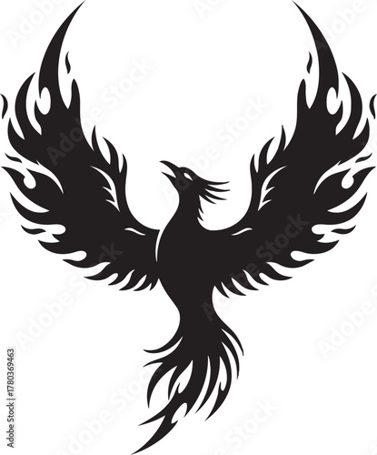 Black silhouette of a phoenix with fiery wings bird