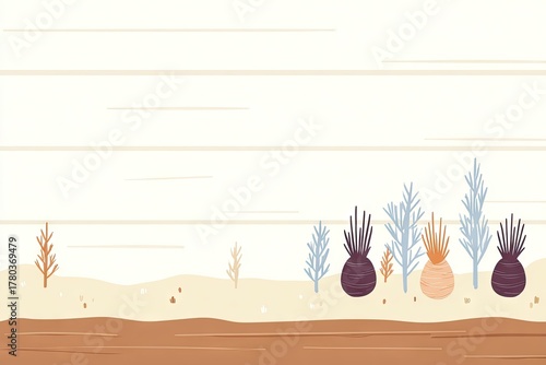 Abstract plants on a tan and brown stripey background
