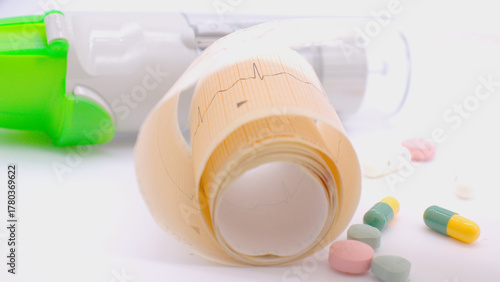 ekg}ekg paper and bottle of pills