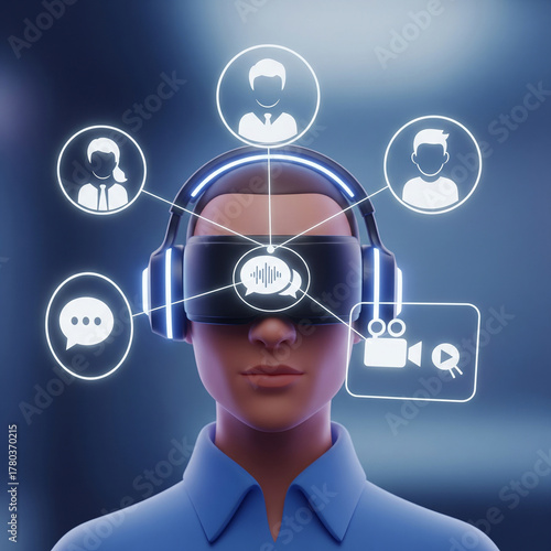 Immersive VR experience for remote collaboration and communication, connecting people in virtual meetings and innovative digital spaces, modern technology