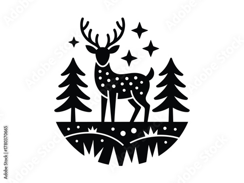 A stylized deer stands in a forest with stars above and foliage below.