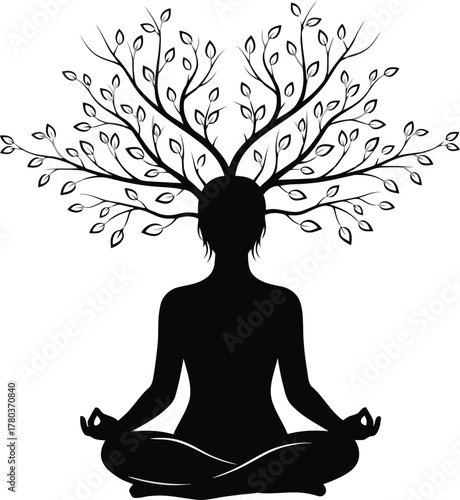 Black silhouette of person meditating with tree branches growing from head