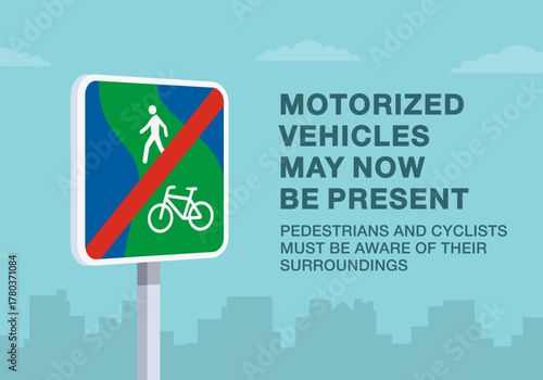 Safe driving tips and traffic regulation rules. Close-up of european "end of greenway" sign meaning. Motorized vehicles may now be present. Flat vector illustration template.