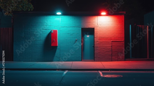 Fototapeta Naklejka Na Ścianę i Meble -  A brick building with a blue door and red light on top.