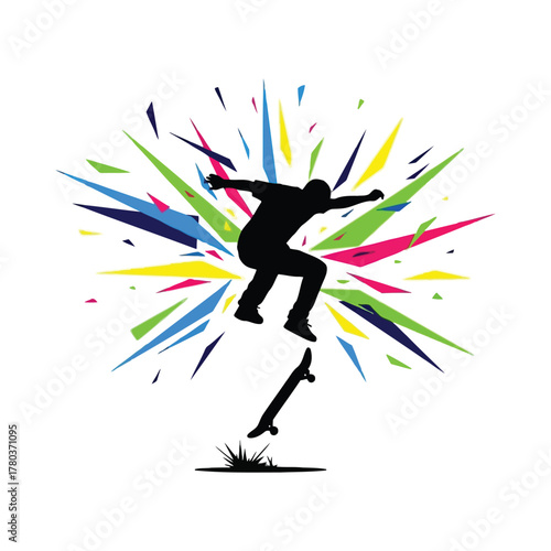 Black silhouette of skateboarder performing trick with colorful abstract explosion