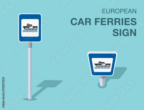 Traffic regulation rules. Isolated european "car ferries" road sign. Front and top view. Flat vector illustration template.