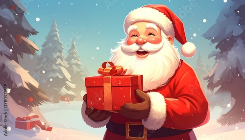 Illustration featuring a jolly, red-suited figure with a white beard holding a gift box in a snowy, winter landscape with evergreen trees