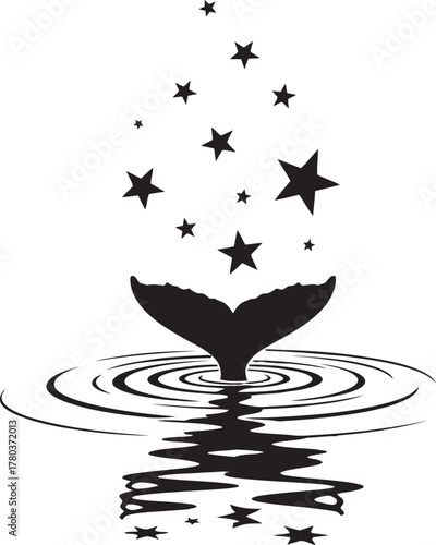 Black whale tail emerging from rippling water with stars