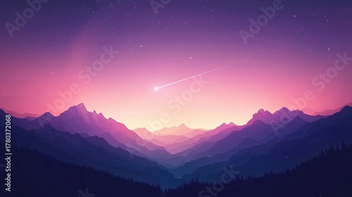A meteor streaks across the sky above a mountainous landscape.
