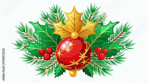Simple and elegant Christmas ornament featuring bright red holly berries, golden accents, and green pine leaves arranged on a clean white background, emphasizing festive cheer and modern holiday
