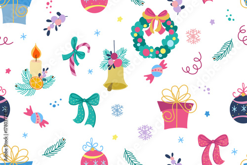 Seamless pattern. A cute pattern of hand-drawn Christmas tree ornaments, wreaths, candies, and candles. Vector