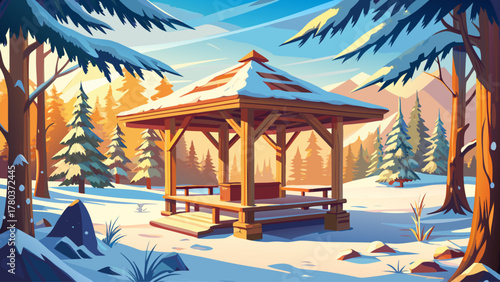 A rustic wooden gazebo with benches surrounded by soft snow, overlooking a peaceful pine forest blanketed in white, warm sunlight filtering through the trees, evoking serenity, solitude