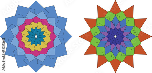 Colorful geometric mandala vector design with symmetrical floral patterns on black background, modern abstract art illustration for decoration, meditation, and digital graphic creativity