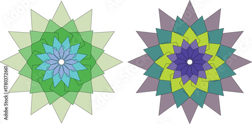 Colorful geometric mandala vector design with symmetrical floral patterns on black background, modern abstract art illustration for decoration, meditation, and digital graphic creativity