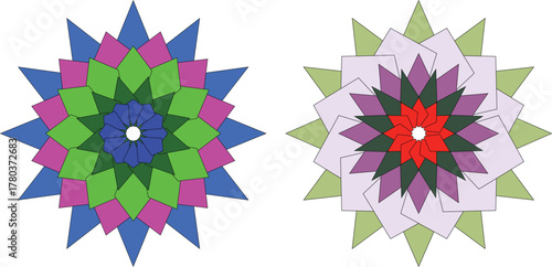 Abstract geometric mandala vector with colorful floral symmetry on black background, modern decorative art design representing balance, meditation, and digital creativity