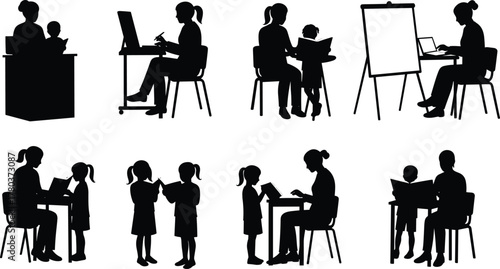 Silhouettes of adults teaching children, reading together, computer use, educational interaction, learning posture, mentoring, classroom activity, study, instruction