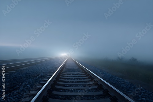 Train Tracks Disappearing into Misty Distance Vanishing Point for Atmospheric Railway Landscape Perspective Photography Scene