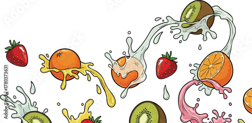 Fresh Fruit Splashing In Juice And Water With Strawberry Orange And Kiwi Elements