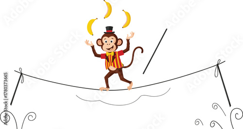 PrintFunny circus monkey juggling bananas on a tightrope, cartoon animal performance, playful entertainment concept, cute character illustration, fun vector design