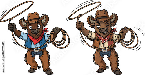 PrintFunny cowboy bull cartoon characters holding lasso, wild west animal illustration, rodeo mascot artwork, western cowboy adventure, vector design concept
