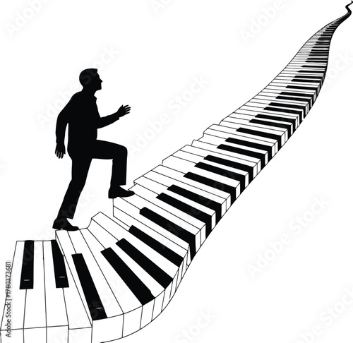 Silhouette of man walking up a winding staircase made of piano keys