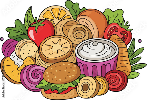 Colorful Illustration Of A Delicious Burger And Fresh Ingredients With A Dip In A Circular Arrangement