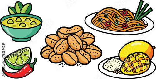 Pixel Art Collection of Thai Food Ingredients and Dishes Including Curry Noodles and Mangoes