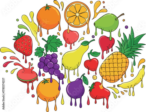 Assortment Of Fresh Fruits Such As Strawberries Oranges Grapes Pineapple And Banana With Splashes Of Juice And Drops Of Water In A Circle