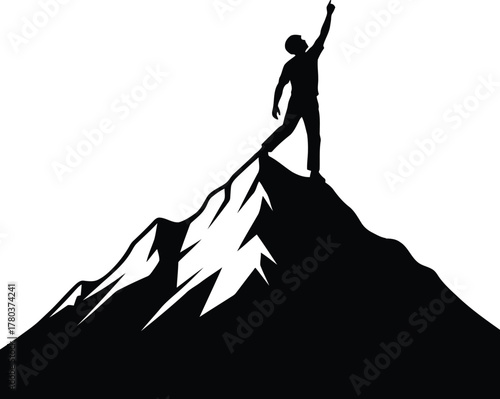 Silhouette of person on mountain peak pointing upwards