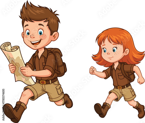 PrintHappy cartoon boy and girl scouts running with map, outdoor adventure, camping fun, teamwork, hiking activity, nature exploration journey