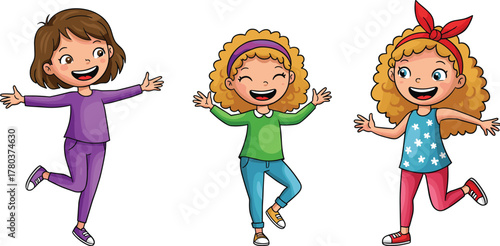 PrintHappy cartoon girls jumping, smiling, playing together, joyful children expressing fun, friendship, energy, laughter, happiness, colorful childhood moments, carefree lifestyle illustration