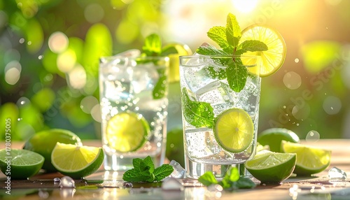 Mint and lime-infused drinks with ice in clear glasses on wooden surface with sunlit green bokeh background for editorial beverage photography summer refreshment decor and poetic vitality-themed visua