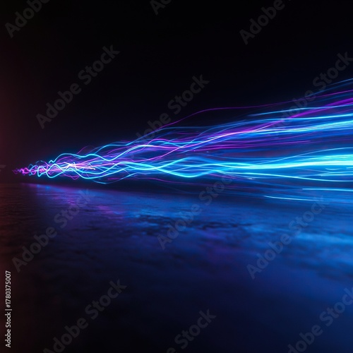 Abstract blue and purple energy flowing rapidly across a vast empty digital space representing speed, motion, and dynamic force, potential, digital, purple