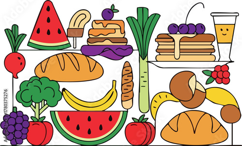 Stylized Assortment of Fruits Vegetables Bread and Pancakes with Cute Drink Character on White Background Vibrant Colors