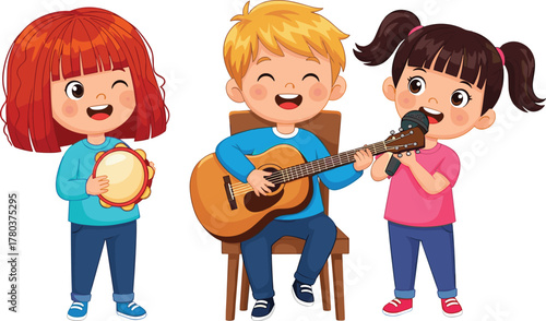 PrintHappy children singing and playing musical instruments, kid band with guitar and tambourine, joyful learning, fun performance, music education illustration