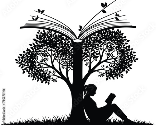 Silhouette of woman reading book under tree with open pages