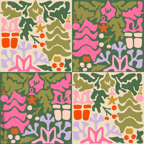 Christmas matisse illustration. Art nouveau festive winter background. Tile seamless pattern in groovy 60s 70s vibes.