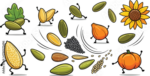 Pixel Art Of Various Seeds And A Sunflower With Cartoon Legs And Arms Dancing And Having Fun
