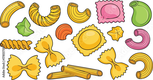 Assorted colorful pasta shapes in various cartoon styles on a white background