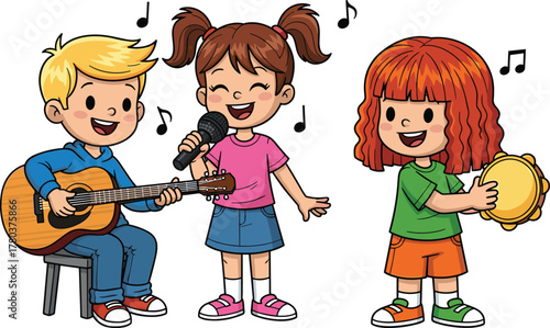 PrintHappy kids playing music together, children singing, playing guitar and tambourine, fun musical performance, teamwork, learning, creativity, joyful childhood moment illustration