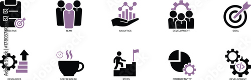 Vision Track Flat Business and Productivity Icon Set for teamwork, goals, analytics, and growth. Ideal for corporate and digital projects.