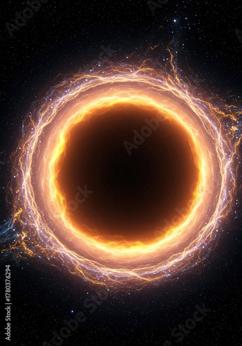 Abstract cosmic background showing intense gravitational warping around a deep space event horizon, pulling in energy and stars, astronomical object, dimension, sphere