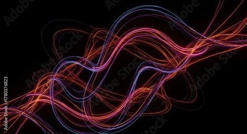 Abstract dark background featuring many glowing, flowing, interconnected lines that twist and curve randomly, illustrating complex movement ,dark ,swirl ,technology