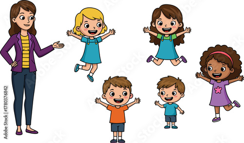 PrintHappy teacher with group of joyful children, cartoon illustration of fun classroom education, smiling kids playing and learning together