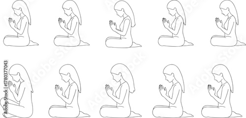 PrintLine art of woman praying in sitting position, meditation and mindfulness illustration, yoga posture, peaceful spiritual design, religious practice concept