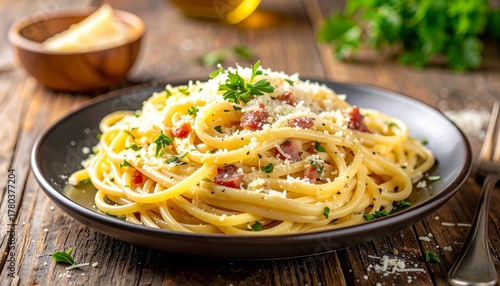 Spaghetti carbonara with creamy sauce, pancetta, cheese, and herbs on rustic wooden table for editorial food photography Italian cuisine decor and poetic nourishment-themed visuals