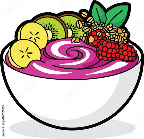 Healthy Purple Acai Bowl Topped With Fresh Raspberries Banana Slices And Kiwi Slices In A White Bowl With Granola And Mint Leaves