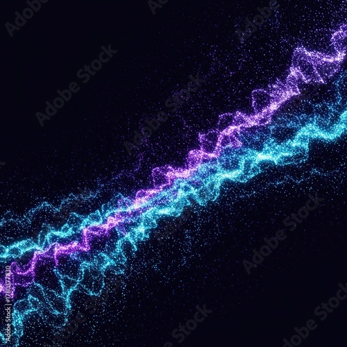 Abstract digital background featuring glowing blue and purple quantum energy waves, data streams, and fluctuating particle fields, flow, energy, future