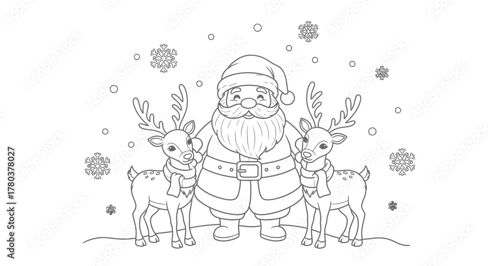 custom made wallpaper toronto digitalA cute cartoon coloring page of Santa Claus standing with two small reindeer in the falling snow.